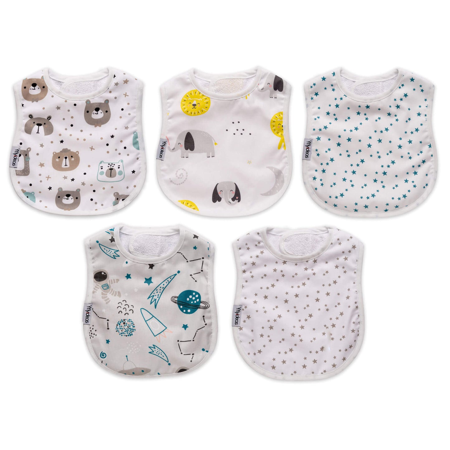 FlyIdeas Waterproof Baby Bibs, Pack of 5 – 100% Double Layered Cotton